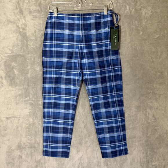NWT Ralph Lauren Women's 2P Petite Plaid Blue 100% Silk Pants - Picture 1 of 11